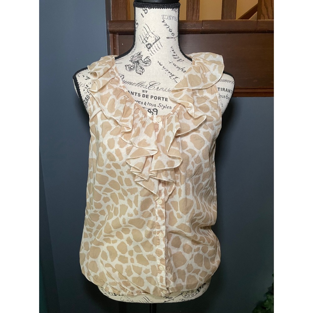 Ann Taylor LOFT Giraffe Print Ruffle Neck Sleeveless Blouse Tan Cream Small